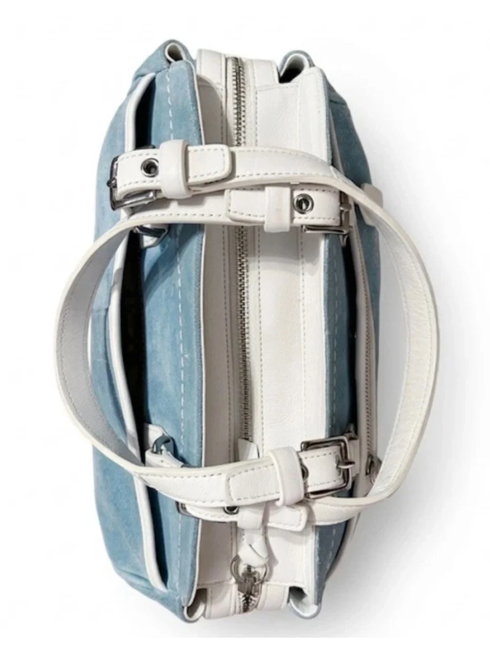 Coach Hamptons Satchel/Wristlet Set, Baby Blue Suede, White Leather Trim VINTAGE
